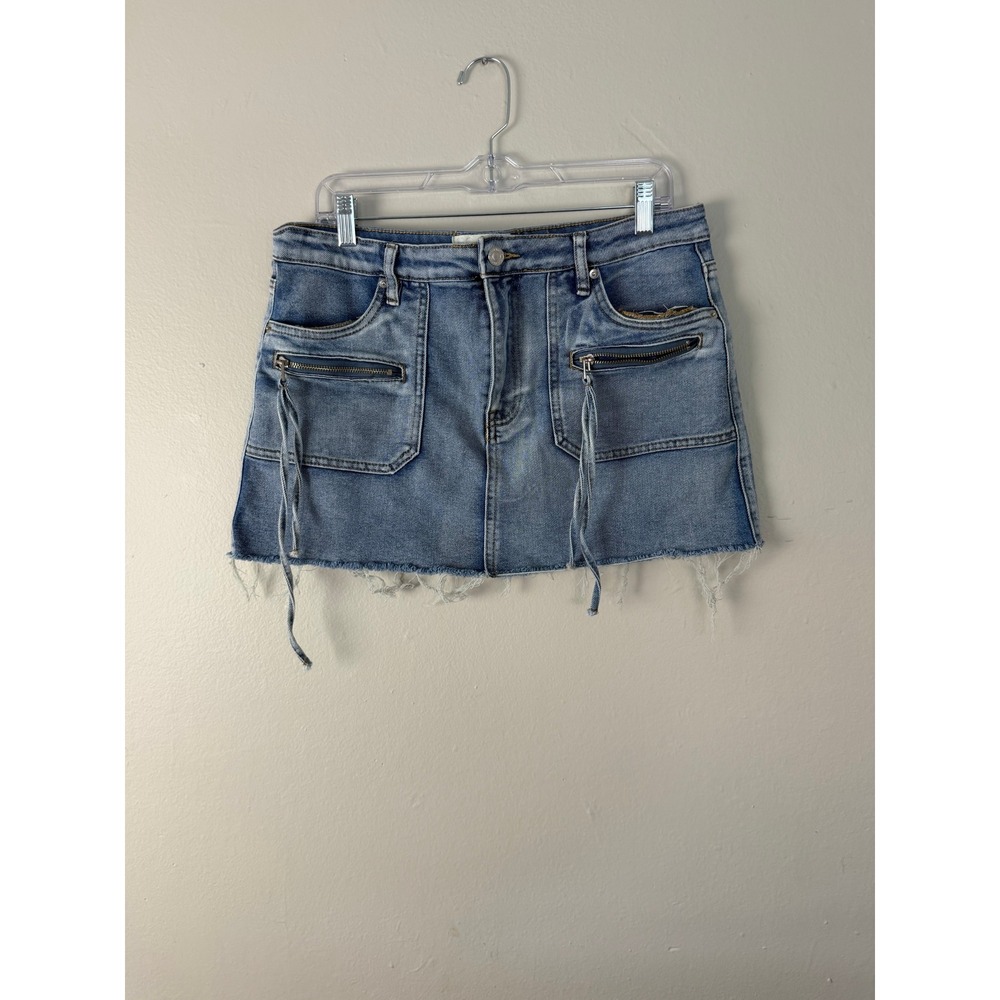 Project Rebel Denim Mini Skirt Medium Wash Raw Hem Zip Tassel Pockets Large